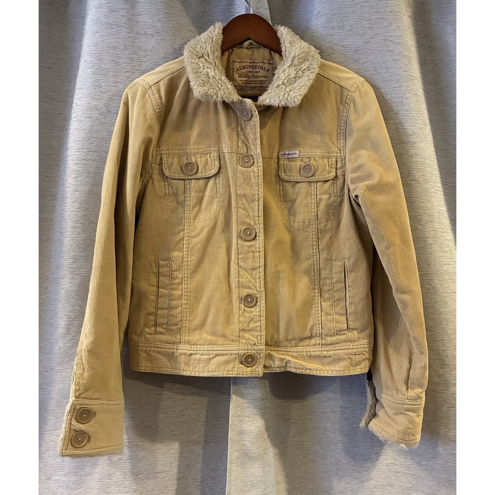 Aeropostale‎ Womens Beige Full Zip Jacket Coat  Size Large With Faux Fur Trim
